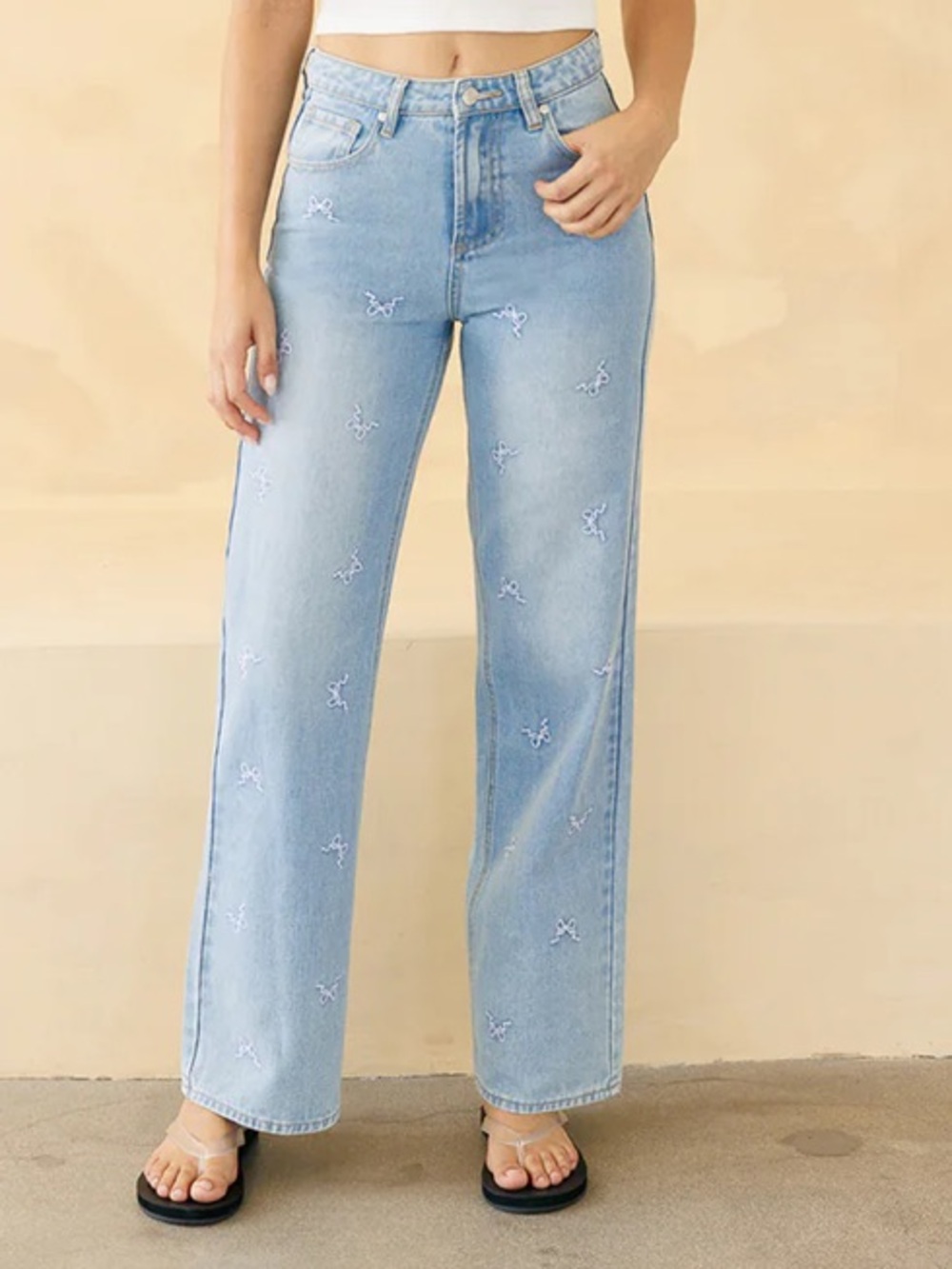 Cali 1850 Light Blue Bow Embroidered Wide Leg Jeans in Light Wash | 3